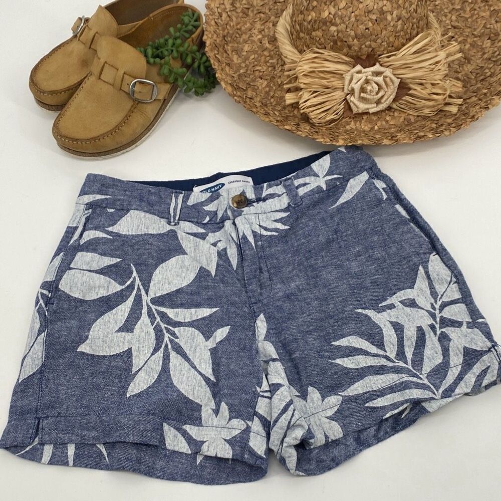 Old Navy Everyday Shorts Linen Blend Tropical Hawaiian Print Chambray Pockets Bl